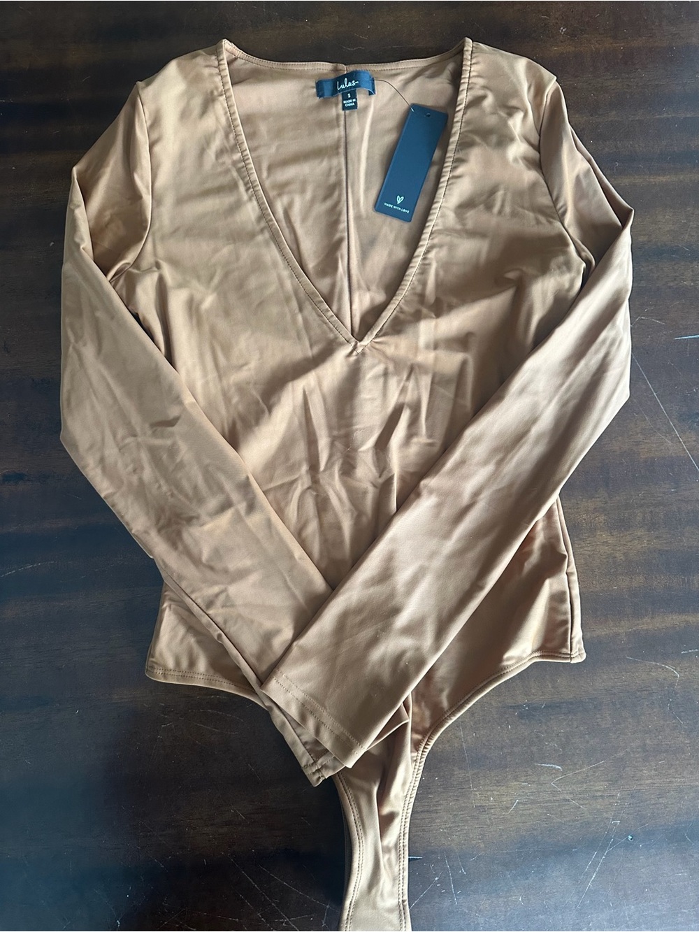 Lulu's Camel/Tan Womens V-Neck Bodysuit
